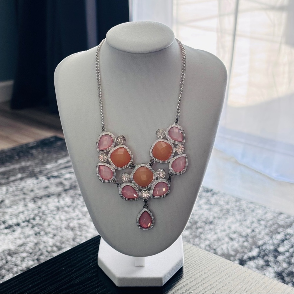 Pink Peach Statement Necklace Rhinestone Crystal Bib Pendant Silver Chain